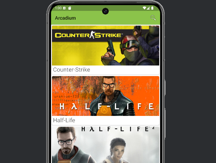 Snapshot of Arcadium; features the home screen with tiles of
                    games and a search bar